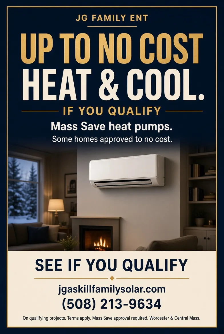 Up to no cost heat and cool if you qualify — Mass Save heat pumps from JG Family ENT, standard rebates up to $8,500.